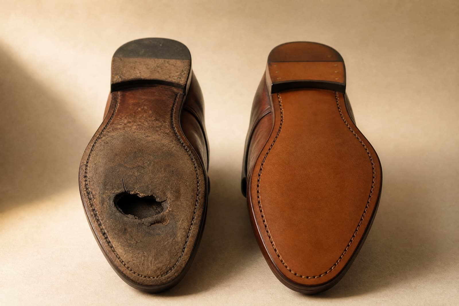 Two identical shoes seen from underneath: one with an outsole worn through at the ball, one with a new sole and fresh stitching