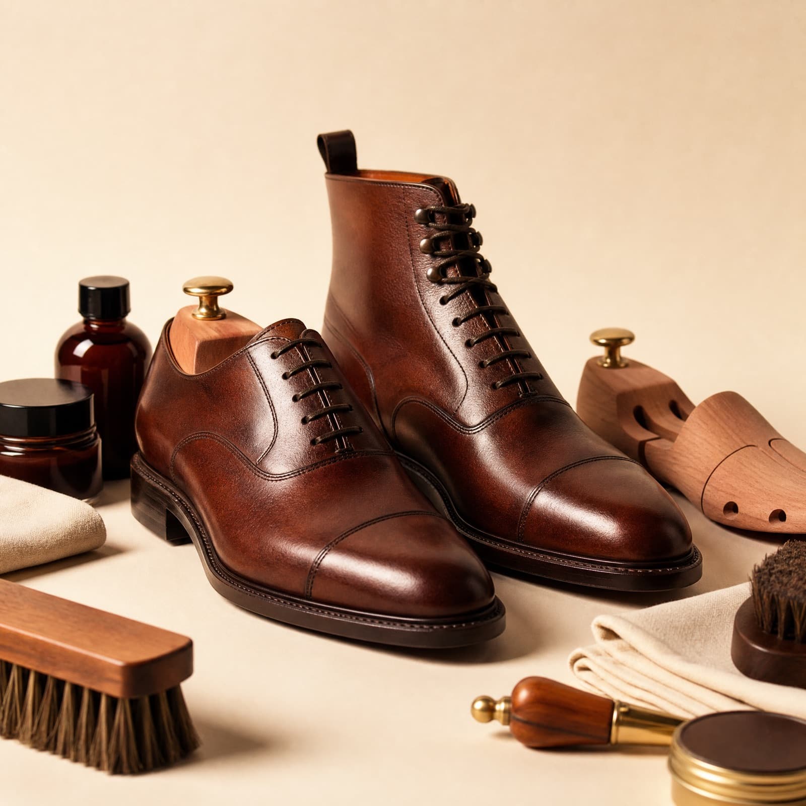 Investment Set — Two Goodyear welted pairs, trees and the full care kit.